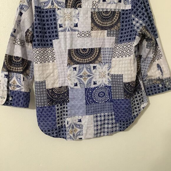 Blue Patchwork Western Cowboy Prairie Cottagecore Shabby Chic Button Up Shirt 14 - Picture 8 of 8